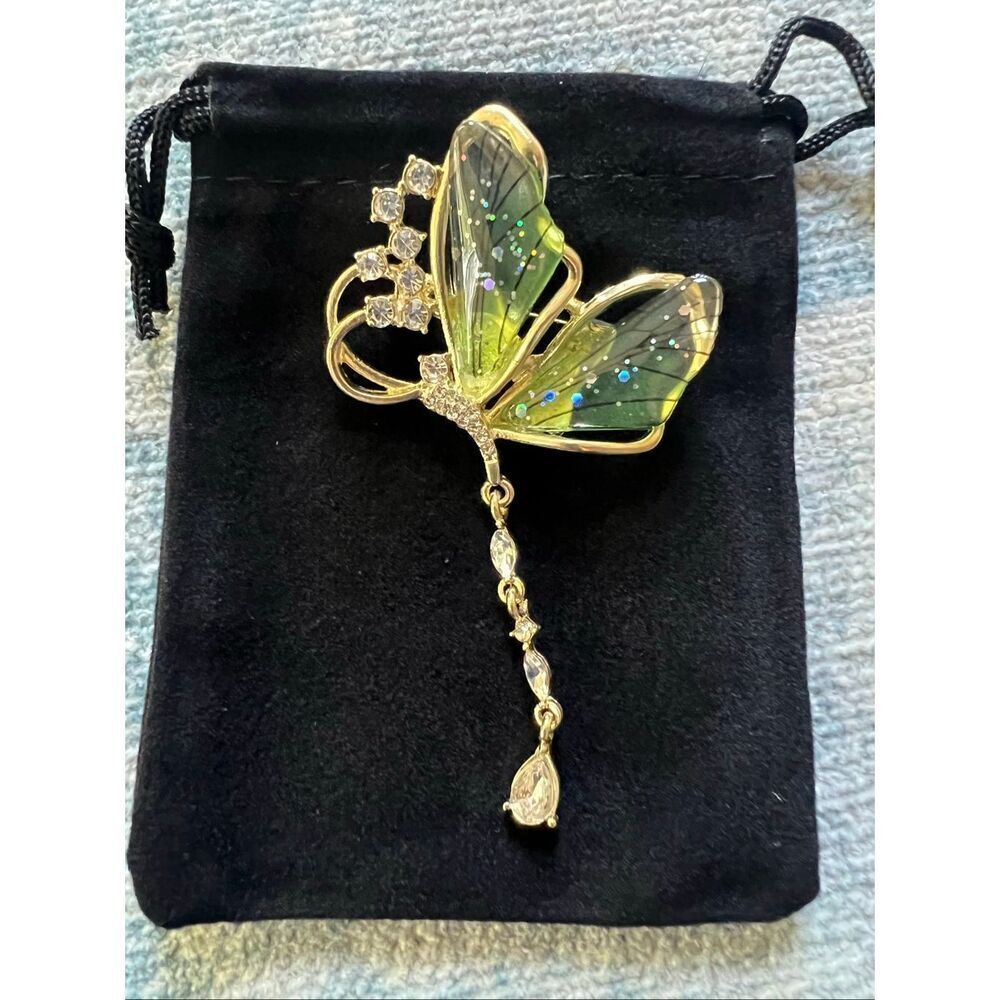 Green Glitter Resin Rhinestone Gold Tone Butterfly Brooch Pin